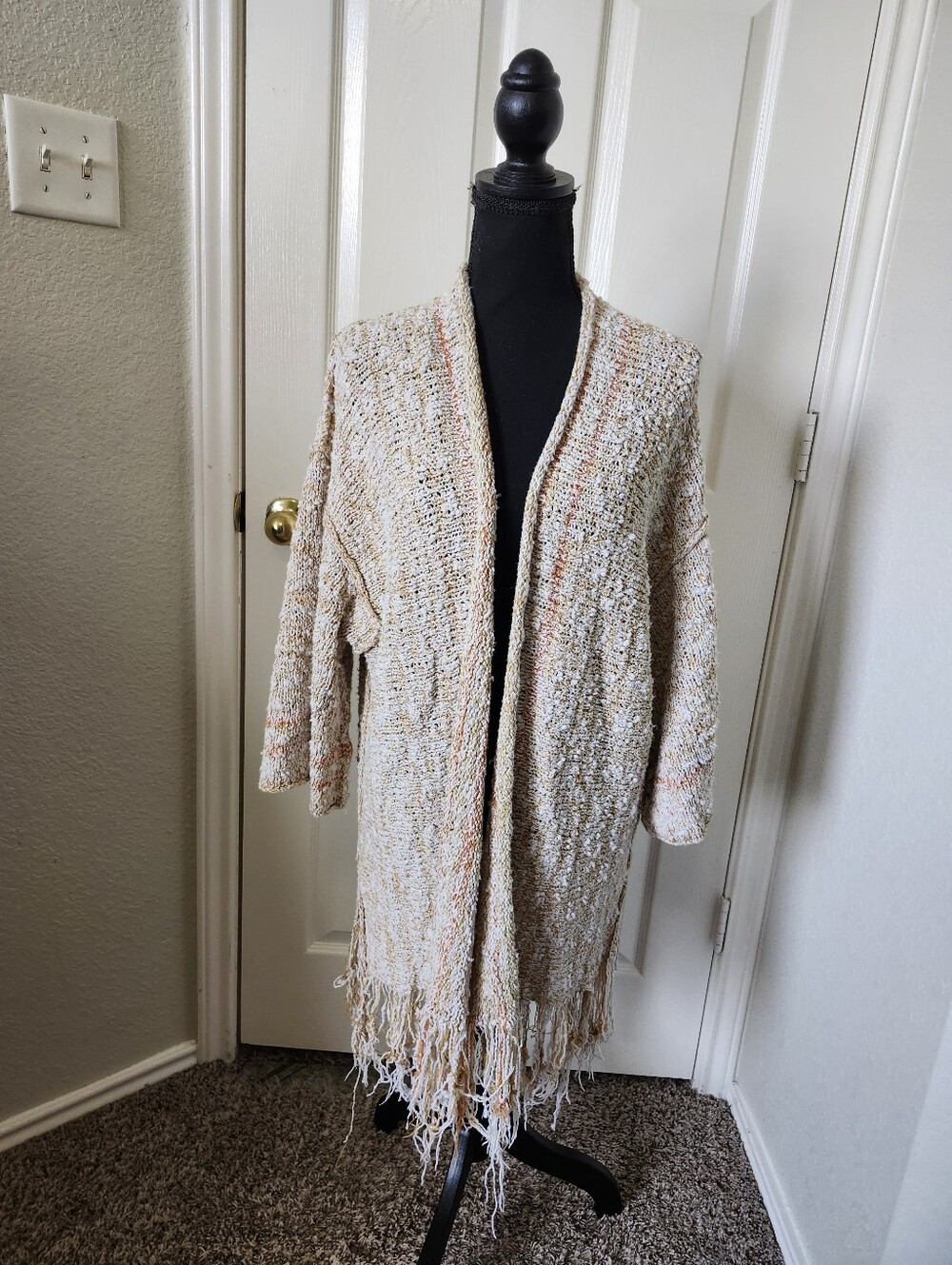 Free People Cream Bouclé Fringe Open-Front Cardigan with Warm Speckles